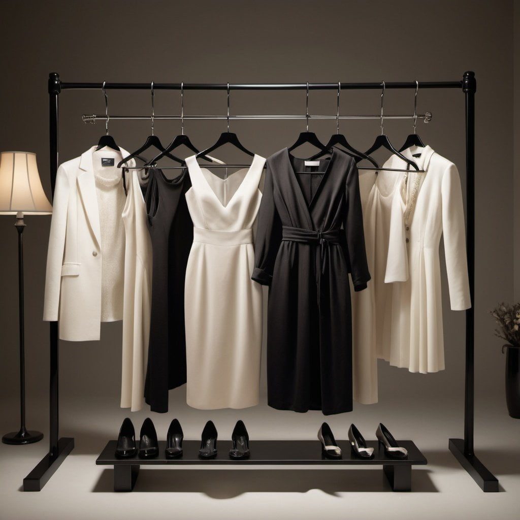 A clothing rack showcases a sophisticated collection of ivory and black outfits perfect for women over 40, featuring elegant dresses and blazers. Below, matching high-heeled shoes complete the styling, while a lamp casts light on this monochromatic arrangement.