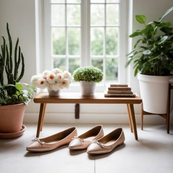 Stylish Ballet Flats: Perfect Picks for Fashionable Women! 16 A cozy indoor scene features two pairs of stylish beige ballet flats on the floor. A wooden bench holds white flowers and small potted plants, set against a large window. Lush green plants surround the space, creating a serene atmosphere for fashionable women to relax in.