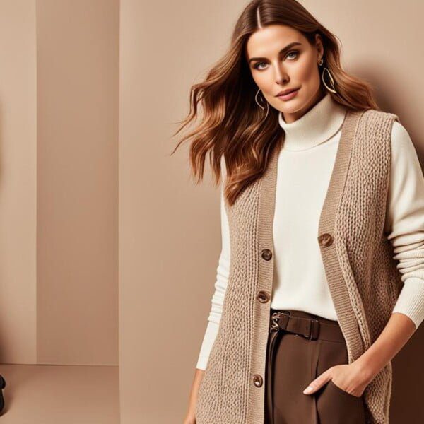 Casual Outfits: Effortless Style for Any Occasion 14 A woman exudes effortless style against a beige background. Shes in a white turtleneck, a knitted beige vest, brown pants, and black boots. Her long hair flows naturally, accessorized with hoop earrings—perfect for any occasion.