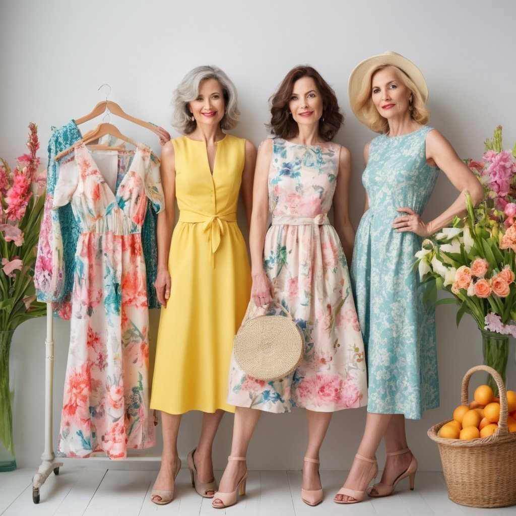 Three women in floral dresses pose in a bright room with flowers and a basket of oranges. One wears a yellow dress, another flaunts Spring/Summer 2024 dresses with a round bag, and the third dons a blue dress with a hat. Hanging floral dresses are displayed nearby.