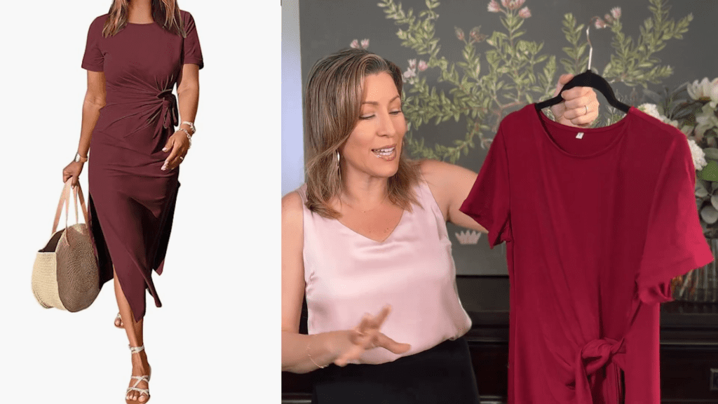 A woman in a light pink sleeveless top holds a maroon dress on a hanger, displaying it against floral wallpaper. On the left, an Amazon-inspired mannequin showcases a similar dress with short sleeves and a tied waist, perfect for those seeking stylish summer maxi dresses.