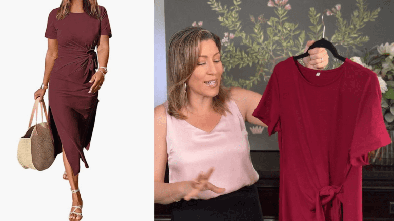 Elevate Your Summer Style with Amazon's Chic Dress Collection 1 A woman in a light pink sleeveless top holds a maroon dress on a hanger, displaying it against floral wallpaper. On the left, an Amazon-inspired mannequin showcases a similar dress with short sleeves and a tied waist, perfect for those seeking stylish summer maxi dresses.