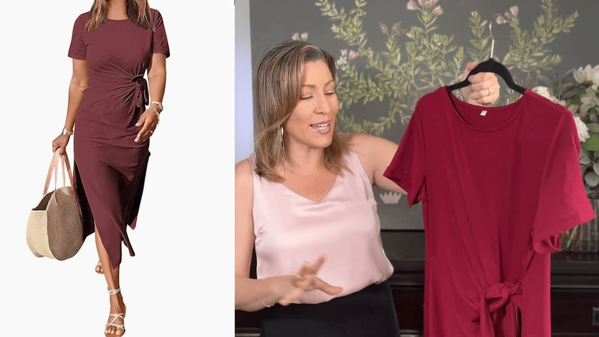 A woman in a light pink sleeveless top holds a maroon dress on a hanger, displaying it against floral wallpaper. On the left, an Amazon-inspired mannequin showcases a similar dress with short sleeves and a tied waist, perfect for those seeking stylish summer maxi dresses.