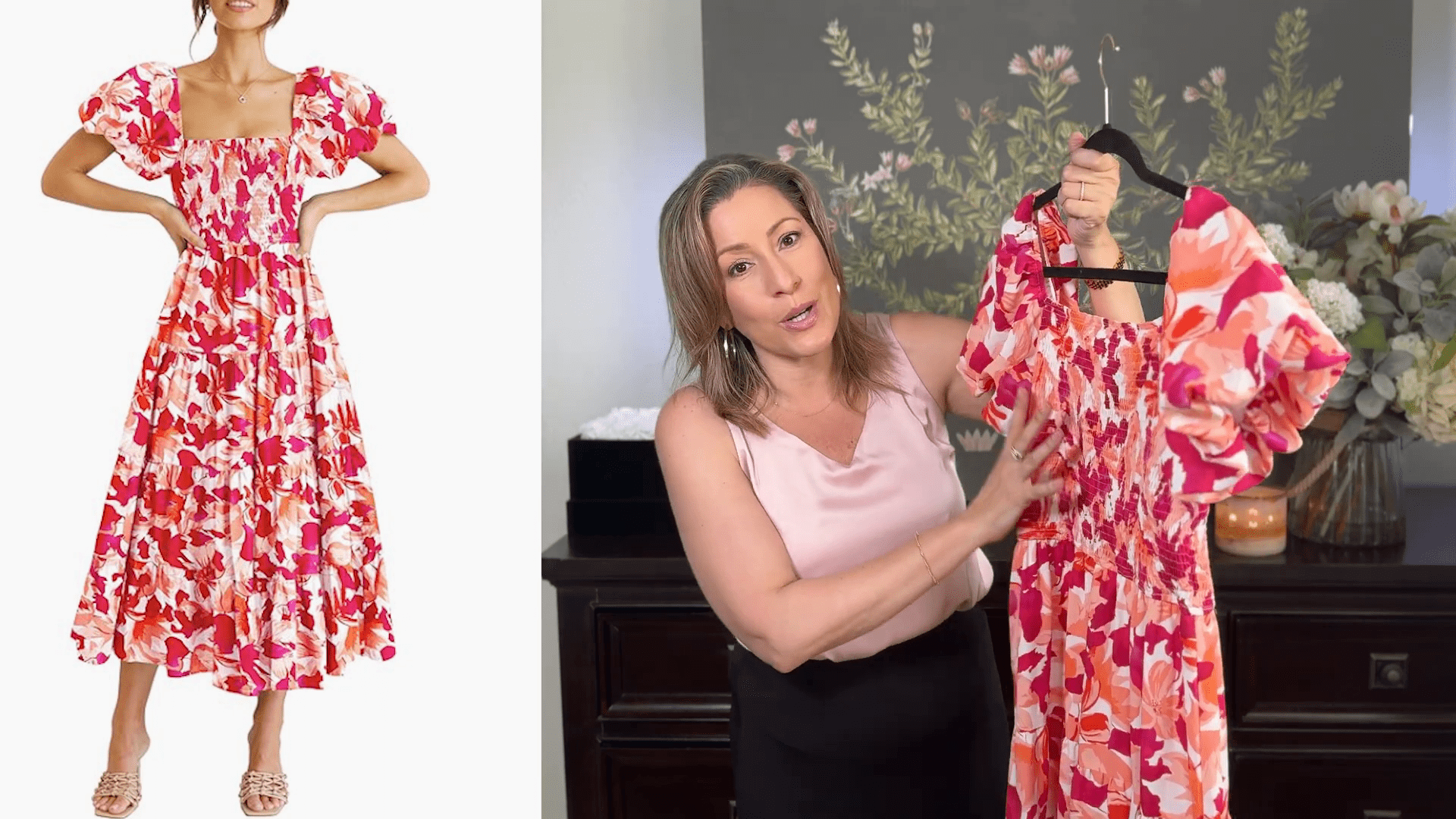 Amazon Summer Maxi Dresses 12 A woman in a light pink top holds up a bright floral summer maxi dress on a hanger, similar to the one displayed on a model to her left. The dress boasts a vibrant red, pink, and orange pattern. A floral painting is visible in the background, echoing the lively theme of Amazons maxi dresses collection.