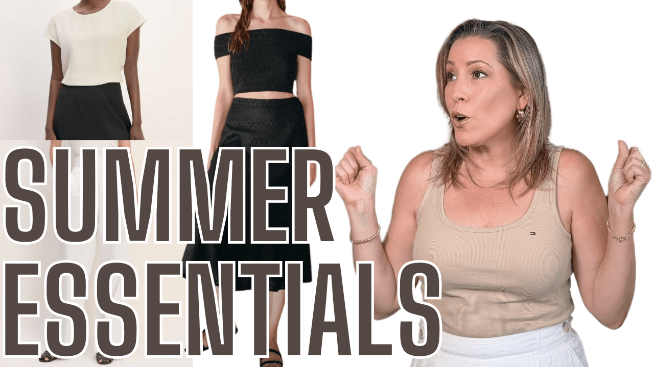 Everlane Summer Essentials: Building a Timeless Wardrobe 17 Woman in a beige tank top gestures excitedly beside Summer Essentials. Discover the Timeless Wardrobe with partially visible outfits—a white blouse paired with a black skirt, and an Everlane black off-shoulder top matched with a skirt.