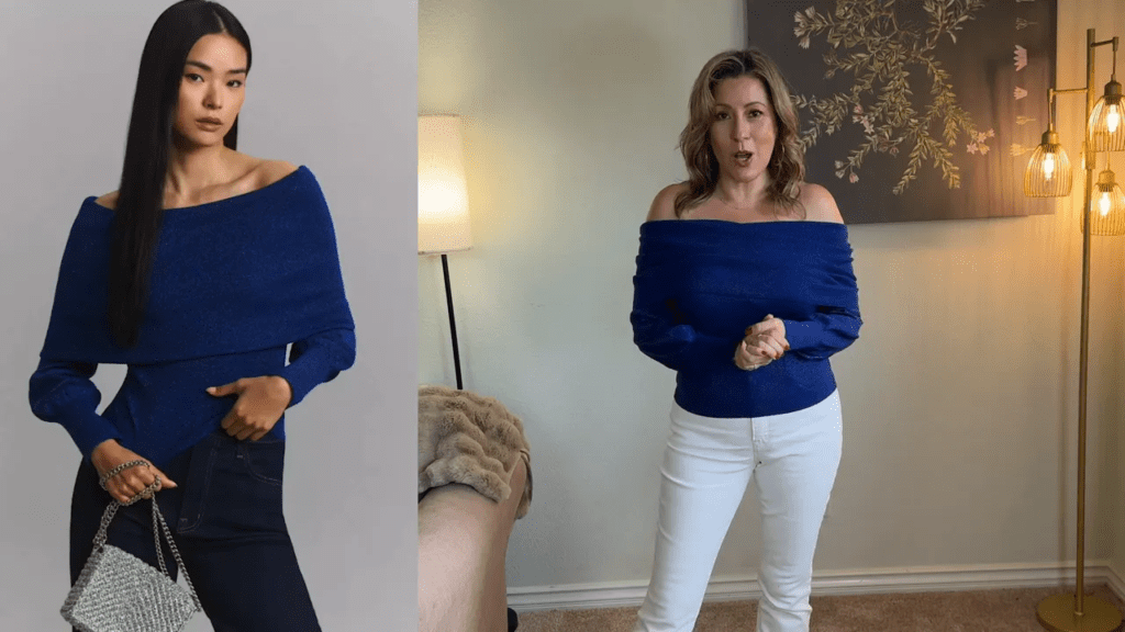 A woman models a blue off-the-shoulder sweater paired with dark jeans on the left. On the right, another woman wears the same sweater with white pants, standing in a room with a lamp and decorative wall art.