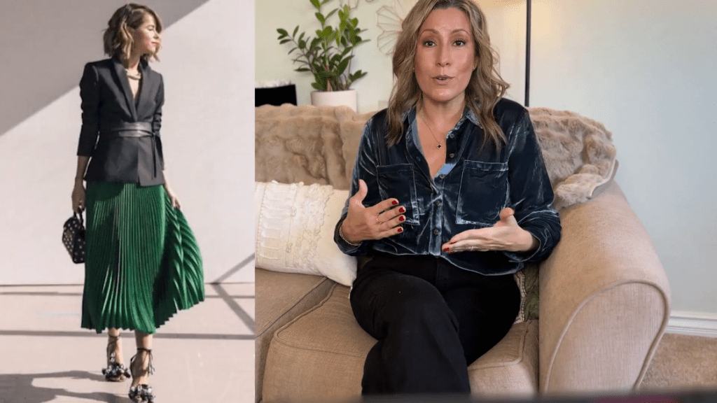 A woman in a green pleated skirt and black blazer walks on the left, while another woman sits on a sofa talking, wearing a dark velvet shirt and black pants, with plants and a lamp in the background.