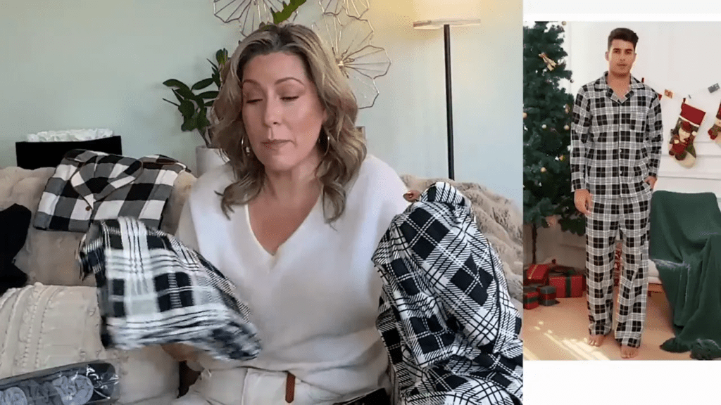 A woman holding a black and white plaid garment sits on a couch in a cozy living room. A separate image shows a young man in matching plaid pants standing near a Christmas tree with presents underneath.