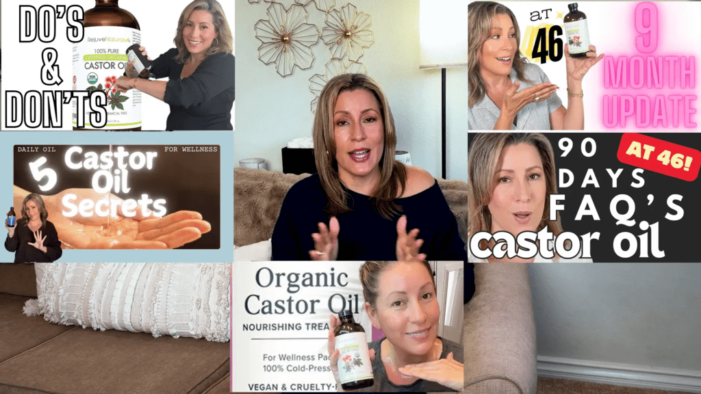 Collage of a woman discussing castor oil benefits and updates in various videos. Includes text like Dos & Donts, 9 Month Update, At 46, and 90 Days FAQ’s. Shes showing a castor oil bottle and gesturing with her hands.