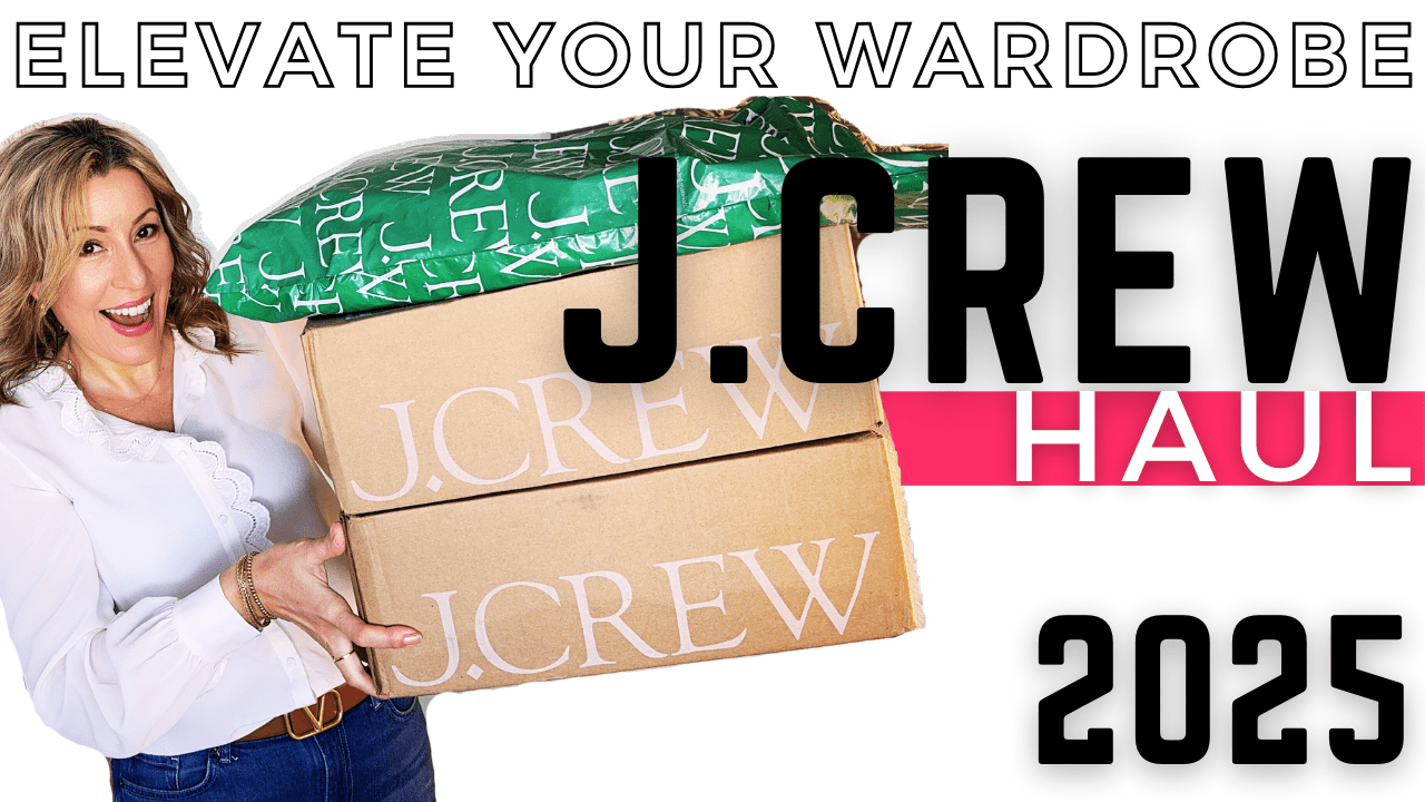 A person smiling and holding two J.Crew boxes, topped with a green package. Text above reads Elevate Your Wardrobe, and to the right, J.Crew Haul Review 2025.