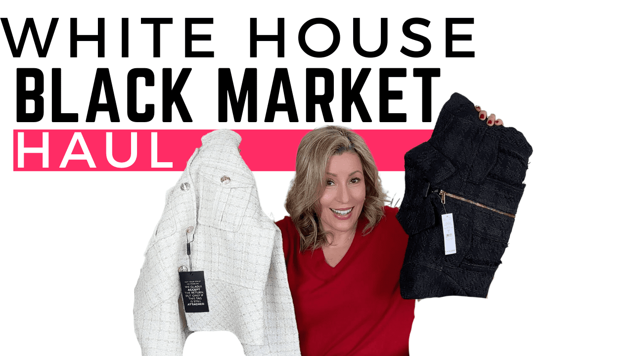 A person in a red shirt is joyfully holding two garments, one white and one black. The text White House Black Market Haul adorns the top, capturing their stylish finds.