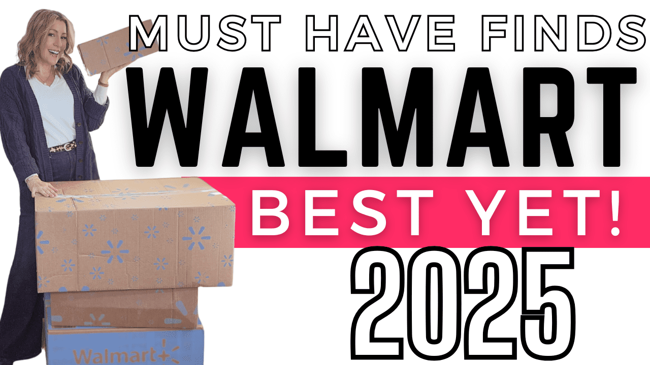 A person stands next to large cardboard boxes with the Walmart logo. The text reads Must Have Finds Walmart Best Yet! 2025 in bold letters, hinting at an exciting Walmart fashion haul. The background is white.