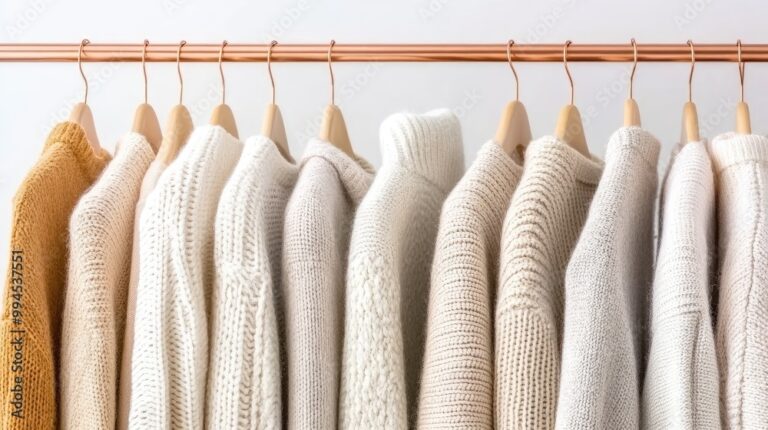 Soft Neutral Palettes 1 A row of cozy knitted sweaters in soft neutral palettes, featuring various shades of cream and beige, hangs neatly on wooden hangers. Each sweater boasts unique knit patterns and textures, displayed elegantly on a copper clothing rack against a light background.