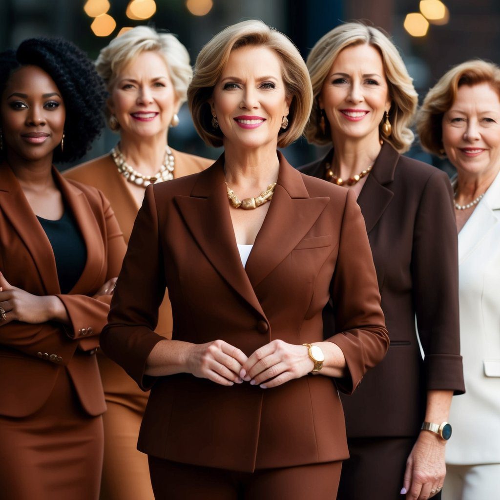 A group of five professionally dressed women stand together outdoors, smiling confidently. Four showcase the best brown clothing for women in stylish suits, while one stands out in a white suit. They appear to be in a city setting with blurred lights behind them.