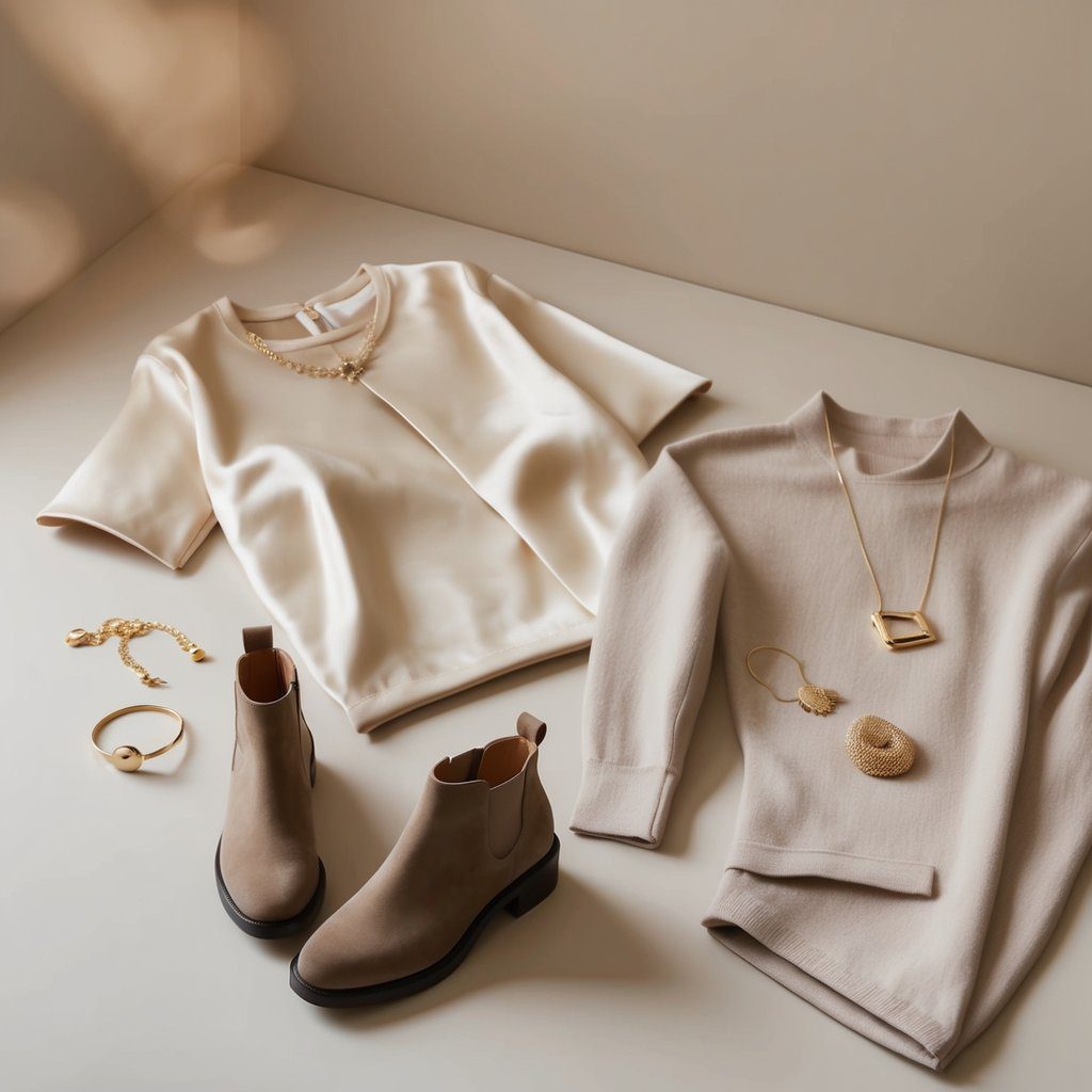 A minimalist flat lay of beige clothing and accessories: two shirts, a pair of ankle boots, a bracelet, a necklace, and a ring. The high-quality fashion ensemble boasts a neutral palette with soft tones, perfect for those who appreciate simple elegance.