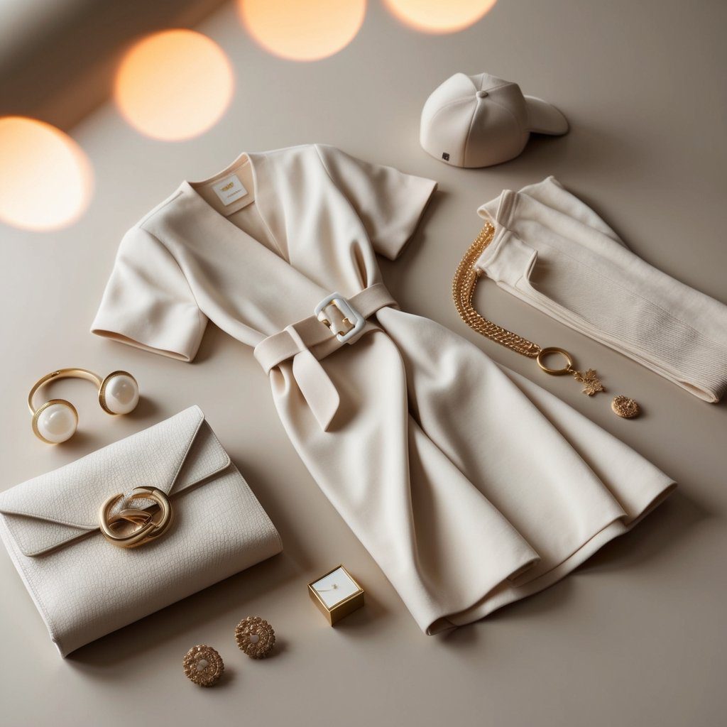 A flat lay image showcases high-quality fashion with a beige outfit: a belted dress, pants, a matching cap, and a handbag with a gold buckle. Various gold accessories, including earrings and a necklace, are elegantly arranged on a neutral background with soft lighting.