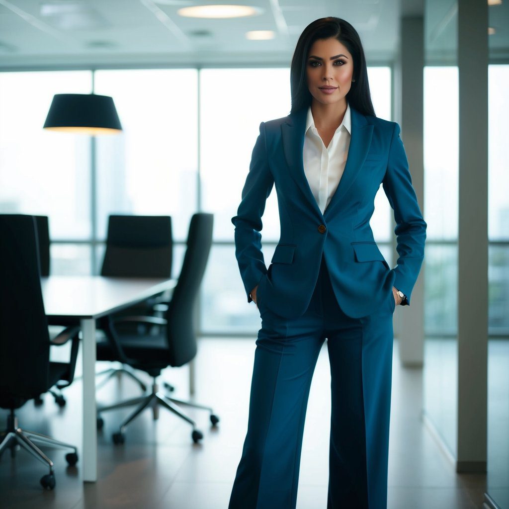 A woman in a blue suit exudes confidence in a modern office with large windows, showcasing her impeccable style. Her long dark hair complements the white shirt under her blazer perfectly. The setting, complete with a conference table and chairs, offers subtle style tips for professional elegance.